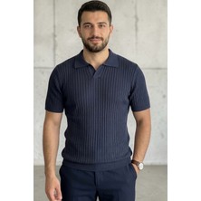 Zueofficial  Erkek Lacivert Fitilli Polo Yaka Yazlık Tişört