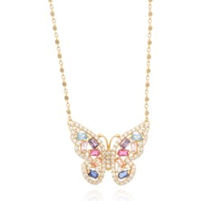 Berk Mücevherat 14 Ayar Altın Renkli Taşlı Kelebek Kolye