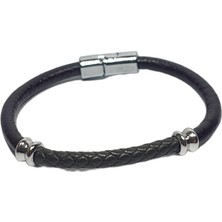 JTSS26BLK1788 Alaşımlı Metal Kilit Hakiki Deri Janti Bileklik