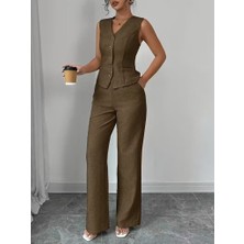 Drgy Kadın Askılı Önden Düğmeli Bluz ve Pantolon Keten Ikili Takım