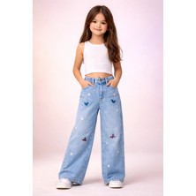 Almira Anne Bebek Kız Çocuk Mavi Kot Pantolon Bol Paça Desenli Beden Seçenekleri