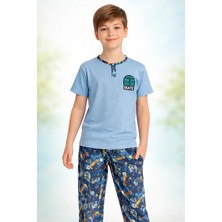 Almira Anne Bebek Erkek Çocuk Mavi Kısa Kollu Pijama Takımı Yazlık Rahat Konforlu