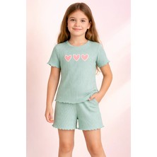 Almira Anne Bebek Yazlık Kız Çocuk Takımı Su Yeşili Kalp Baskılı ve Fitilli Desenli