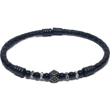 JTSS26BLK1780 Paslanmaz Çelik Bilezik Hakiki Deri Kaplama Zirkon Onyx ve Hematit Doğaltaşlı Garantili Janti Bileklik