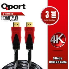 Binbir Göz Bilgisayar Qport Q-HDMI33 HDMI Kablo 3mt Ver 2.0 4K Altın Uçlu
