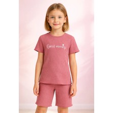 Almira Anne Bebek Kız Çocuk Yazlık Fitilli Kısa Kollu Takım Gül Kurusu Renkli