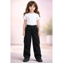 Almira Anne Bebek Çocuk Kız Pantolon Siyah Keten Bol Paça Cepli Günlük Rahatlık