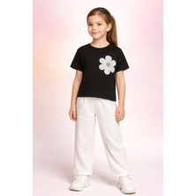Almira Anne Bebek Kız Çocuk Siyah Çiçek Işlemeli Kısa Kollu Tişört ve Keten Pantolon Takımı Yüksek Beden Seçenekleri