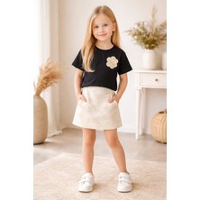 Almira Anne Bebek Yazlık Kız Çocuk Takım Siyah Kısa Kollu Çiçek Işlemeli