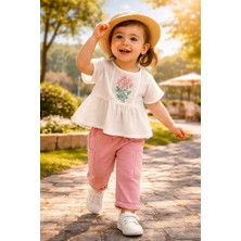 Almira Anne Bebek Kız Çocuk Yazlık Takım Krem Renkli Çiçek Nakışlı Müslin Gömlek ve Pantolon