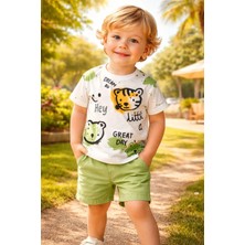 Almira Anne Bebek Yazlık Erkek Çocuk Takım Kedi Kafa Baskılı ve Şortlu