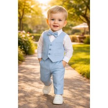 Almira Anne Bebek Bebek Takımları Erkek Bebek Giyim Mavi Keten Uzun Kollu Gömlekli