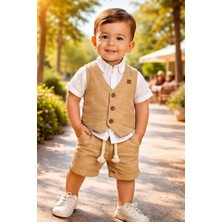 Almira Anne Bebek Erkek Çocuk Takımları Müslin Kumaş Kısa Kollu Gömlek Yelek ve Şort Takımı