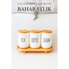 Feyza Design Ahşap Ayaklı 3'lü Cam Kavanoz Seti, Yükseltici, Çay, Kahve, Şeker Için