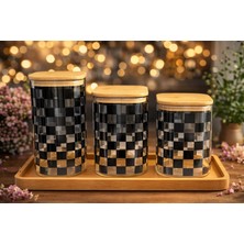 Leylart 3'lü Set Cam Çay Kahve Şeker Saklama Kavanozu Dikdörtgen - Dama Desenli