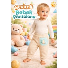 Almira Anne Bebek Bebek Erkek Pantolon Krem Peluş Beli Lastikli Cepli Ayıcık Baskılı