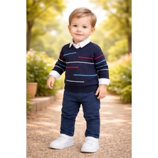 Almira Anne Bebek Erkek Çocuk Çizgi Desenli Kazak Keten Pantolon Gömlekli Takım