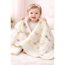 Almira Anne Bebek Bebek Battaniyesi Krem Renkli Ağaç ve Hayvan Baskılı Dual Side Müslin