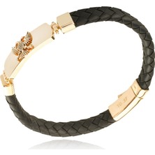 Berk Mücevherat 14 Ayar Altın Çift Başlı Kartal Figürlü Deri Erkek Bileklik