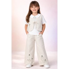 Almira Anne Bebek Kız Çocuk Yazlık Keten Takım Çiçek Nakışlı Yelek ve Pantolon