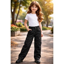 Almira Anne Bebek Kız Çocuk Siyah Kargo Pantolon Bol Paça Cepli Keten Yazlık