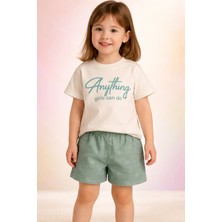 Almira Anne Bebek Çocuk Yazlık Kız Takım Krem Renkli Keten Şort ve Kısa Kollu Tişört