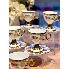 Feyza Design 6'lı Galina Çiçekli Vintage Gold Türk Kahve Fincan Takımı