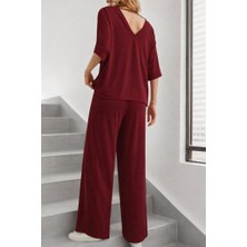 Moda Loris Kadın Kısa Kollu V Yakalı Viskon Bluz ve Pantolon Ikili Takım