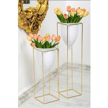 Özbience Beyaz Gold Metal Saksı Çiftli Set, Şık ve Modern Dekorasyon Için