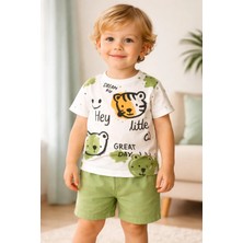 Almira Anne Bebek Yazlık Erkek Çocuk Takım Kedi Baskılı Kısa Kollu ve Şortlu