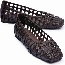 Mubiano Kadın Örgü Babet Kare Burun Günlük Ayakkabı Alstro Kahverengi