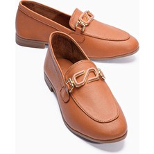 Mubiano Kadın Hakiki Deri Babet Metal Aksesuar Detaylı Loafer Sorina Taba