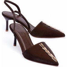 Mubiano Kadın Saten Stiletto Sivri Burun Gold Detaylı Arkası Açık Abiye Topuklu Ayakkabı Marina Kahverengi