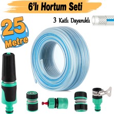 Badem10 Üç Katlı Şeffaf Sağlam Bahçe Hortumu (25 Metre) Çeşme Su Sulama Hortum 6'lı Bağlantı Adaptör Seti