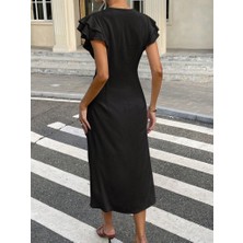 Nnstartshopping  Kadın Kısa Kollu V Yakalı Önden Düğmeli Bürümcük Midi Elbise