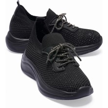 Mubiano Kadın Triko Sneaker Sim Detaylı Hafif Konfor Taban Taş Bağcıklı Günlük Spor Ayakkabı Melia Siyah