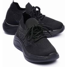 Mubiano Kadın Triko Sneaker Taş Detaylı Hafif Konfor Taban Bağcıklı Günlük Spor Ayakkabı Viola Siyah