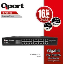 Binbir Göz Bilgisayar Qport Q-POE16G 16 Port 10/100/1000 16 Port Poe 2 Port Uplınk + 1 Sfp 200W Yonetılemez Desktop Swıtch