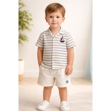 Almira Anne Bebek Yazlık Erkek Çocuk Keten Gömlek ve Şort Takımı Mavi Çizgili Klasik Stil