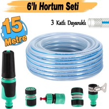 Badem10 Üç Katlı Şeffaf Sağlam Bahçe Hortumu (15 Metre) Çeşme Su Sulama Hortum 6'lı Bağlantı Adaptör Seti
