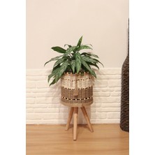 Özbience Jüt Örgü Ahşap Ayaklı Hasır Sepet Saksılık, 26 Cm, Naturel, Boncuklu