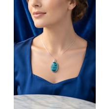 Anka Select Vintage Tasarım Turkuaz Doğal Taş Görünümlü Oval Kolye Ucu – El Işçiliği Igümüş Renk Çerçeveli Kadın Kolye Ucu