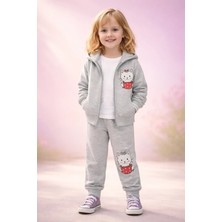 Almira Anne Bebek Kız Çocuk Spor Takımı Gri Kedi Desenli 3 Parça Yazlık Seti