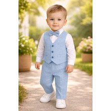 Almira Anne Bebek Erkek Bebek Uzun Kollu Gömlekli Papyonlu Yelekli Mavi Keten Takım