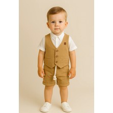 Almira Anne Bebek Erkek Çocuk Müslin Kumaş Kısa Kollu Gömlek Yelekli Şort Takım