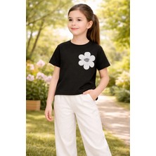 Almira Anne Bebek Kız Çocuk Siyah Çiçek Işlemeli Kısa Kollu Tişört ve Keten Pantolon Takımı