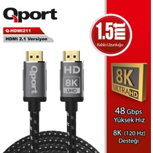 Binbir Göz Bilgisayar Qport Q-HDMI211 HDMI Kablo 1.5mt 2.1V 8k Altın Uçlu Örgülü