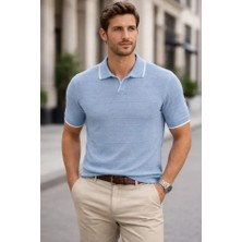 Adisia Erkek Triko Kumaş Yakalı Düğmesiz Açık Yaka Fitilli Kısa Kollu Regular Fit Tişört T-Shirt - Bebek Mavisi