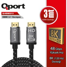 Binbir Göz Bilgisayar Qport Q-HDMI213 HDMI Kablo 3 mt 2.1V 8k Altın Uçlu Örgülü