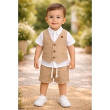 Almira Anne Bebek Erkek Çocuk Müslin Kumaş Kısa Kol Gömlek Yelek ve Şort Takımı